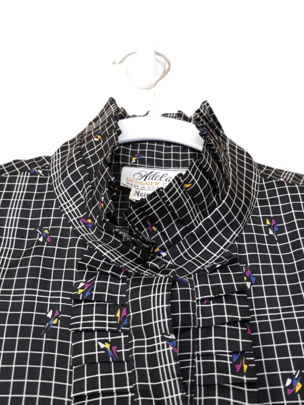 Plaid Button Up Blouse Ruffle High Collar 70s Vintage Neiman Marcus Adelaar